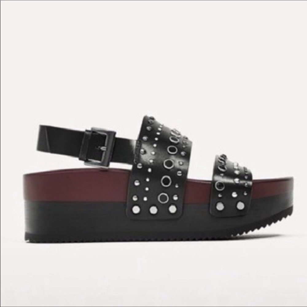 Zara Black Faux Leather Metal Embellished Chunky Platform  Lug Sandals